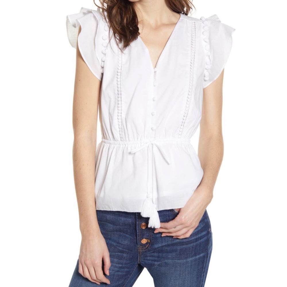 J Crew, Point Slur Flutter Sleeve Pompom Top